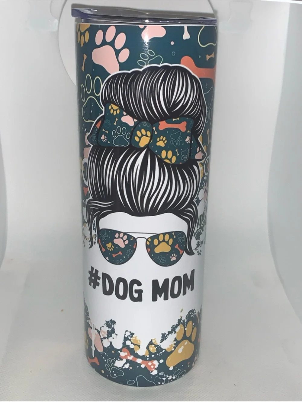 #DOG MOM Insulated Travel Tumbler - Teal with Pink & Gold Paw Print Design 20 Oz